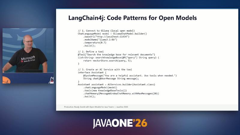 LangChain4j slide: OllamaChatModel, @Tool, and AiServices three-step pattern