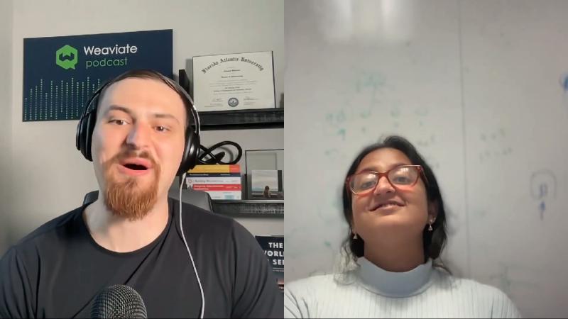 约 8 分钟处双主持人分屏；背景可见 Weaviate podcast 标识，画面无 benchmark 数值表。