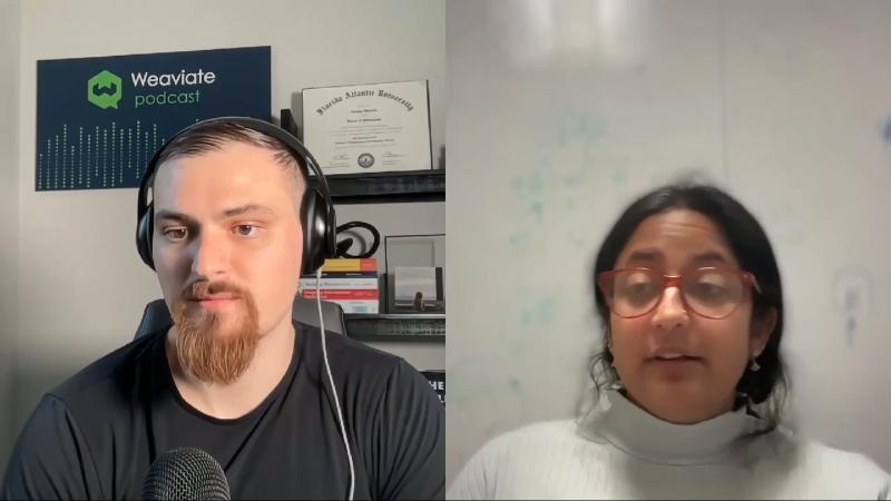 开场分屏：左侧主持背景可见 Weaviate podcast 品牌条与 Florida Atlantic University 文凭框，右侧为嘉宾 Shreya Shankar（红框眼镜、浅色高领毛衣）；画面为对话体播客，无技术幻灯片。